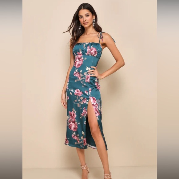NWOT✨ Lulu’s Fleur-ty Behavior Teal Floral Satin Tie-Strap Midi Dress Size L - Picture 1 of 5